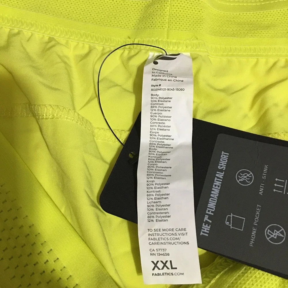 Fabletics Fundamental Shorts Mens 2XL Yellow 7 Inch Inseam NWT $49.95